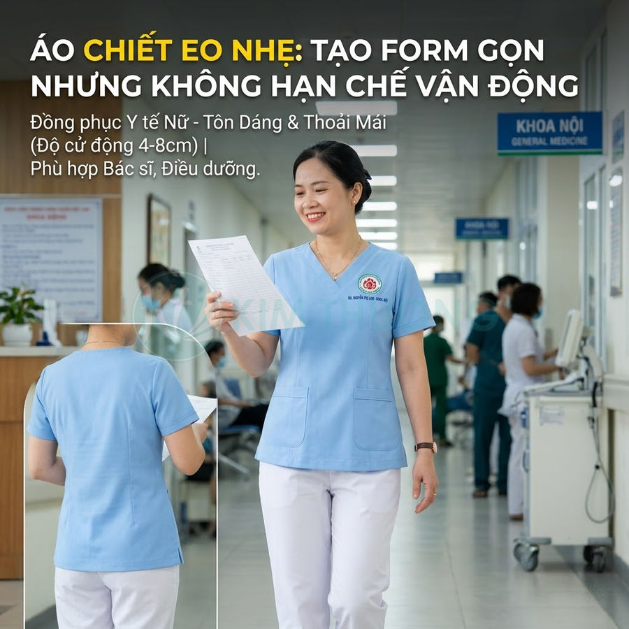 Đồng phục y tá nữ màu xanh cổ tim chiết eo nhẹ, quần trắng, phù hợp bác sĩ điều dưỡng trong bệnh viện