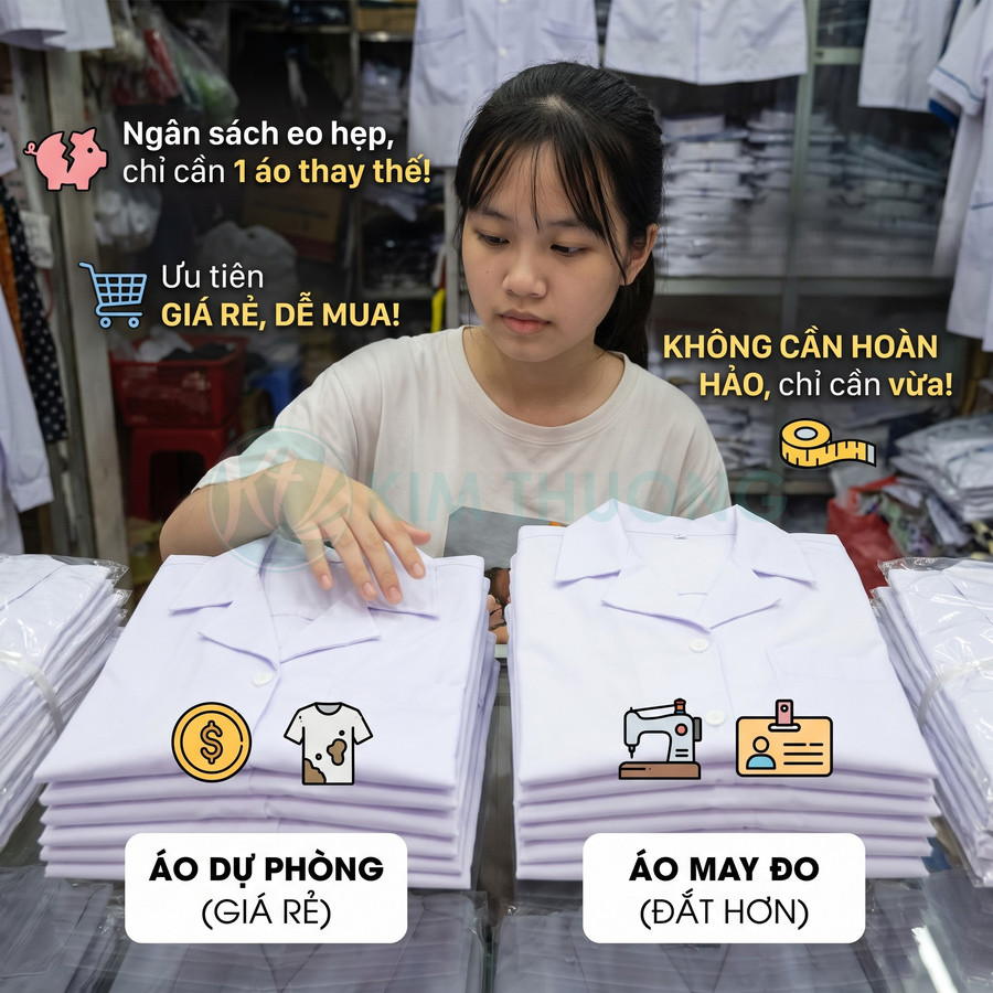Nhân viên cửa hàng giới thiệu áo sơ mi trắng may sẵn và áo may đo với mức giá khác nhau