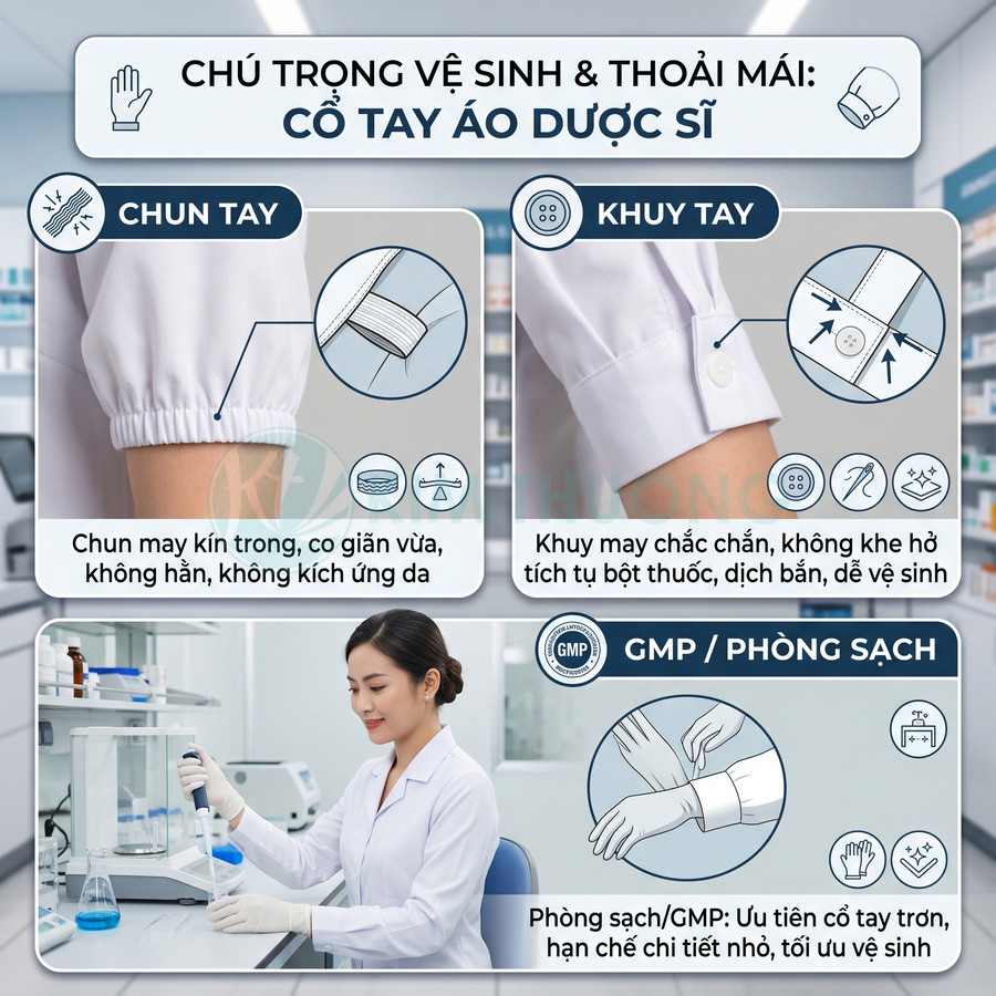 Áo blouse dược sĩ tay chun và tay khuy, thiết kế cổ tay kín đáo, sạch sẽ cho phòng sạch GMP