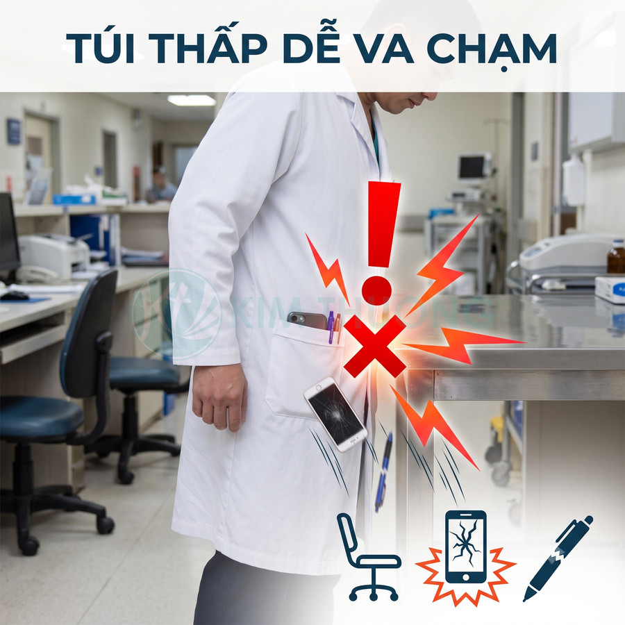 Điện thoại thông minh rơi khỏi túi áo blouse bác sĩ, màn hình vỡ do va chạm cạnh bàn inox