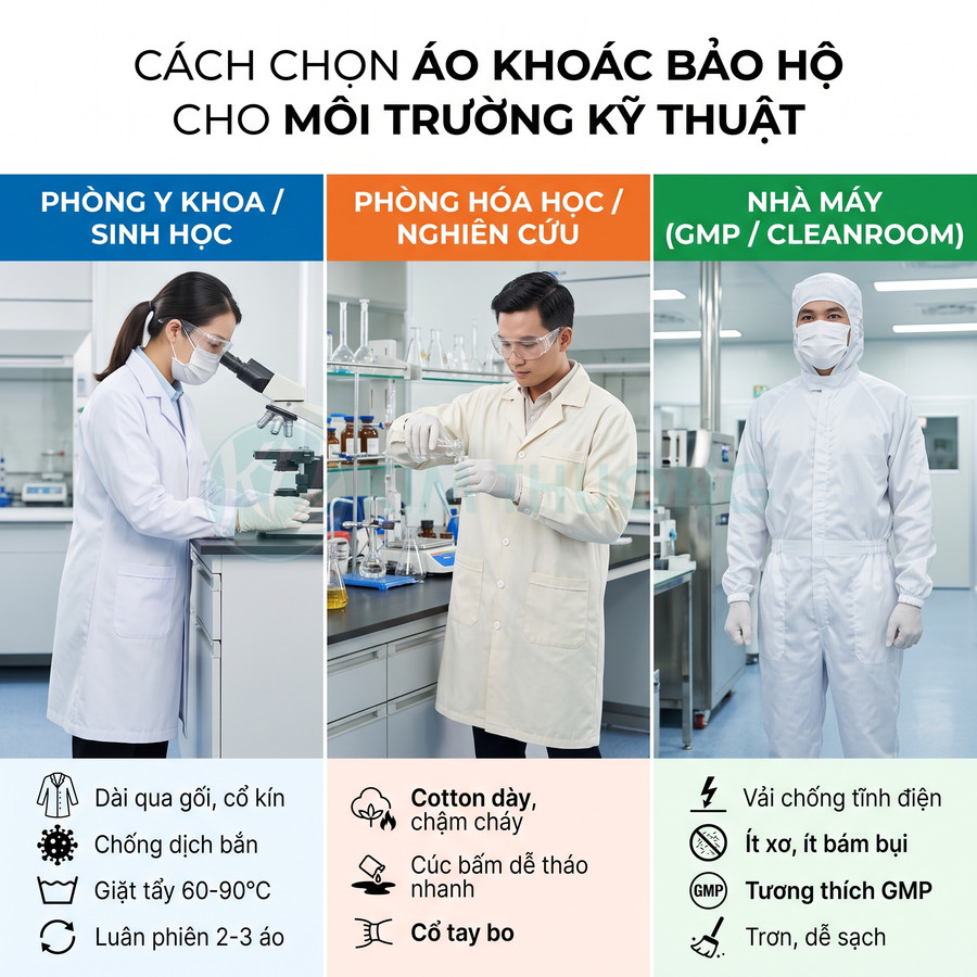 Áo khoác bảo hộ phòng thí nghiệm và đồ bảo hộ cleanroom cho môi trường y khoa hóa học nhà máy GMP