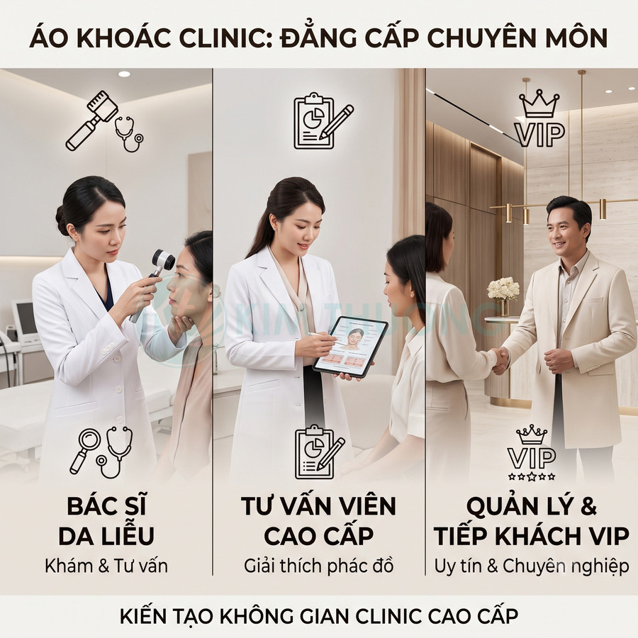 Áo khoác clinic cao cấp cho bác sĩ da liễu, tư vấn viên và quản lý tiếp khách VIP trong không gian phòng khám hiện đại