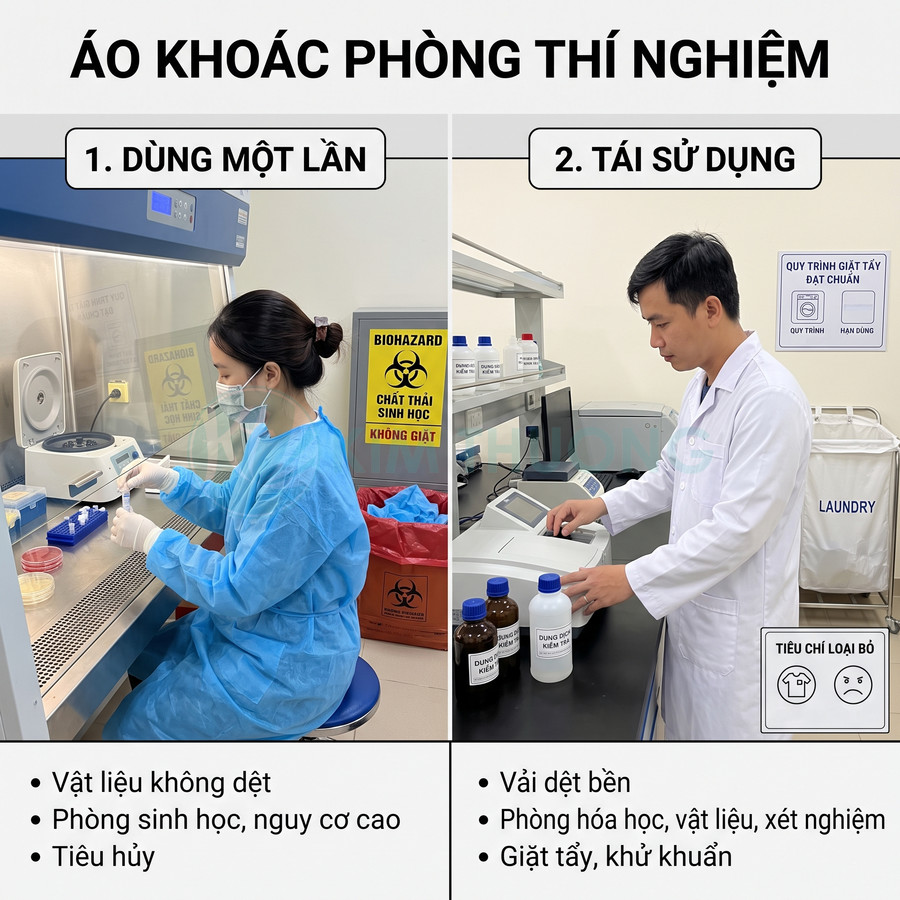 Áo khoác phòng thí nghiệm dùng một lần màu xanh và áo khoác trắng tái sử dụng cho nhân viên xét nghiệm