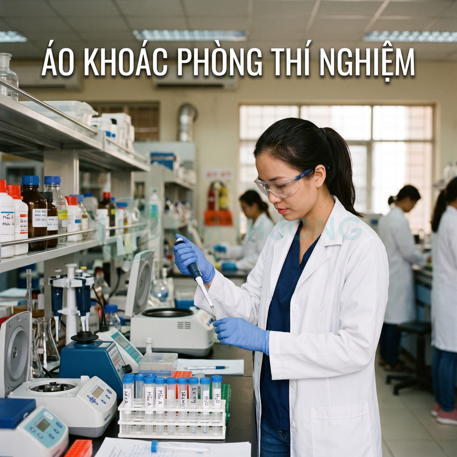 Áo khoác phòng thí nghiệm màu trắng cho kỹ thuật viên nữ làm việc trong phòng lab hóa học