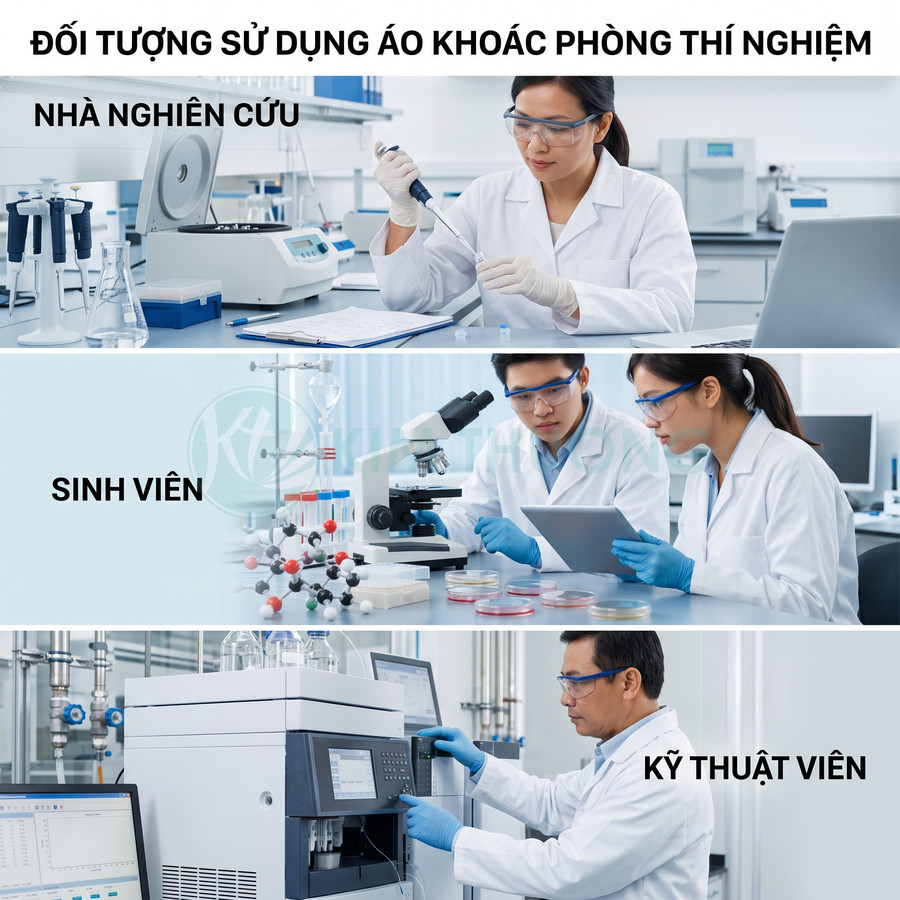 Nhà nghiên cứu, sinh viên và kỹ thuật viên mặc áo khoác phòng thí nghiệm làm việc với thiết bị khoa học