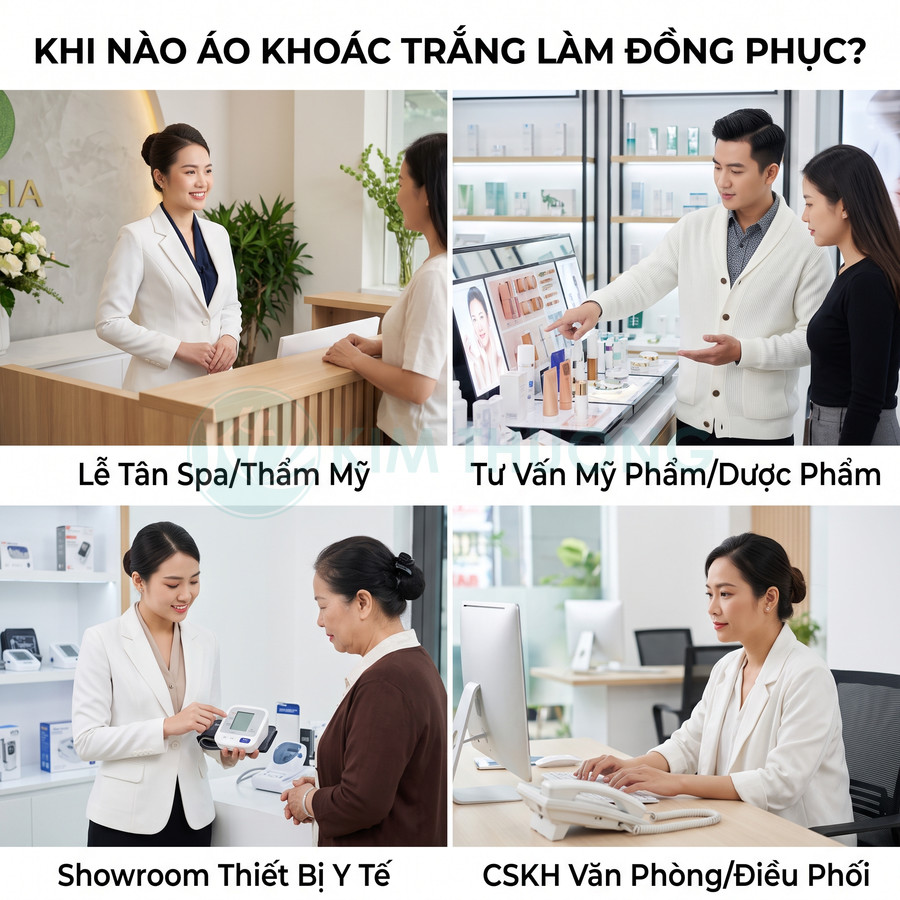 Nhân viên mặc áo khoác trắng làm đồng phục trong spa, showroom thiết bị y tế và tư vấn mỹ phẩm, chăm sóc khách hàng văn phòng