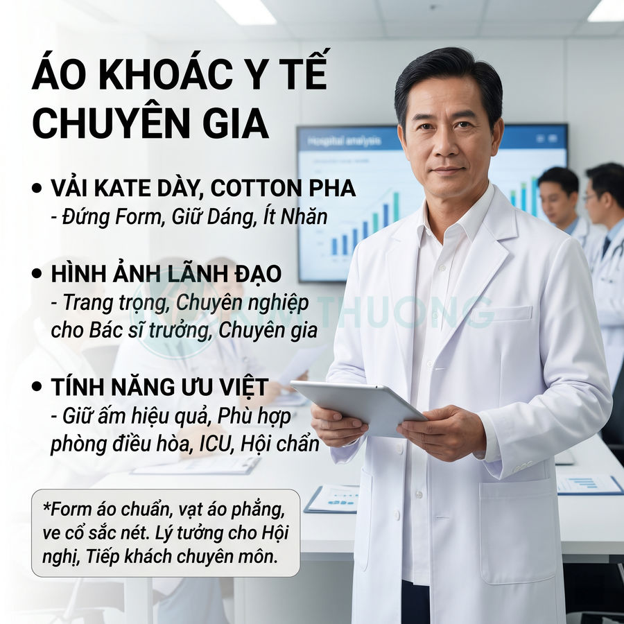 Áo khoác y tế chuyên gia vải kate dày cotton pha cho bác sĩ trưởng, form đứng, sang trọng và chuyên nghiệp