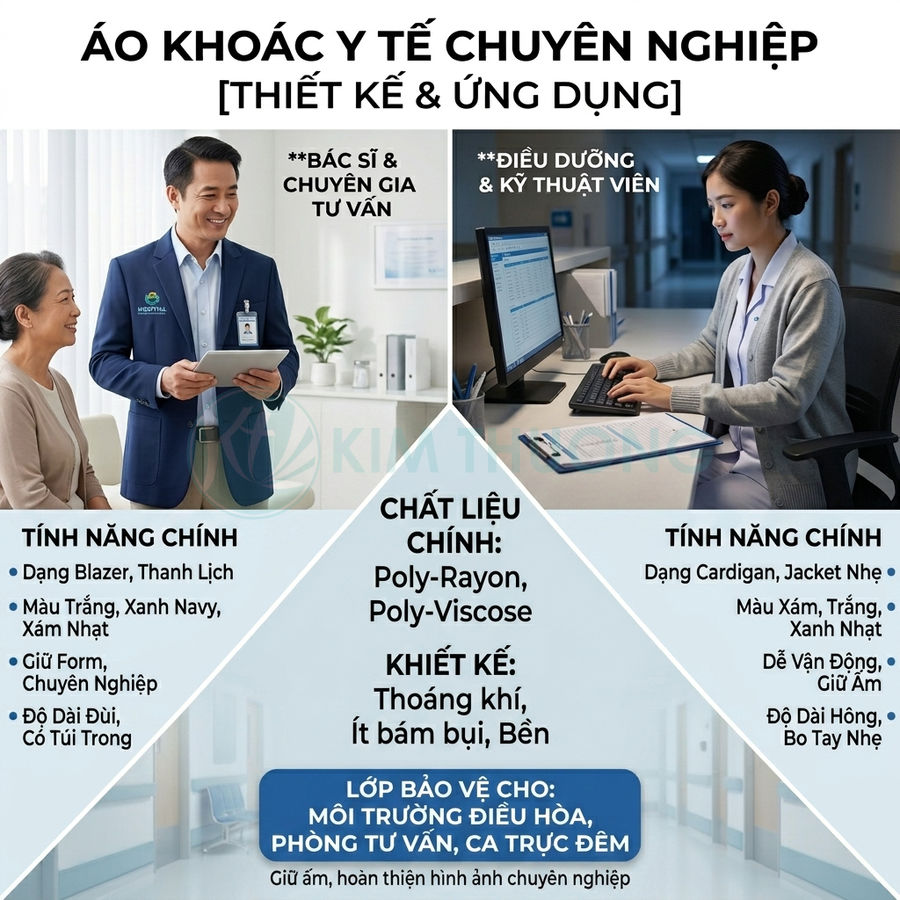Áo khoác y tế chuyên nghiệp cho bác sĩ và điều dưỡng, thiết kế blazer và cardigan thanh lịch, chất liệu poly thoáng khí