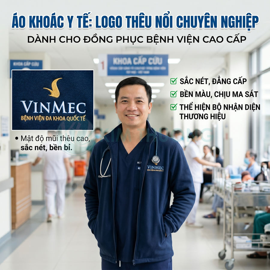 Áo khoác y tế thêu logo Vinmec cao cấp cho bác sĩ đứng trong hành lang bệnh viện