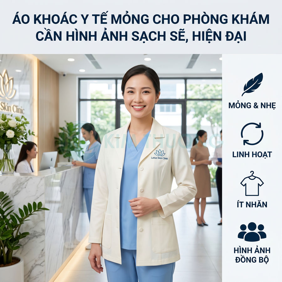 Áo khoác y tế mỏng màu kem cho nữ bác sĩ, thiết kế nhẹ, ít nhăn, phù hợp phòng khám hiện đại