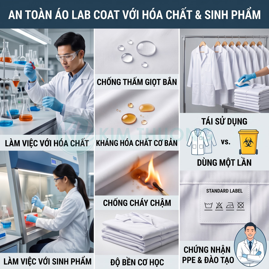 Áo lab coat bảo hộ phòng thí nghiệm chống thấm hóa chất, chống cháy chậm, tái sử dụng và đạt chứng nhận PPE