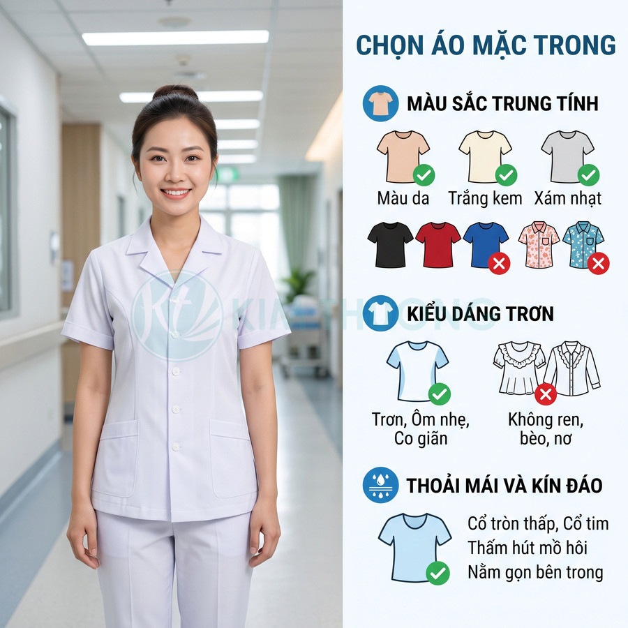 Đồng phục y tá nữ màu trắng đứng trong hành lang bệnh viện kèm hướng dẫn chọn áo mặc trong