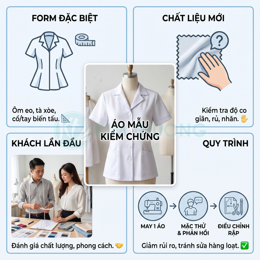 Áo blouse đồng phục màu trắng tay ngắn, cổ bẻ, cài nút và có hai túi trước trên ma nơ canh