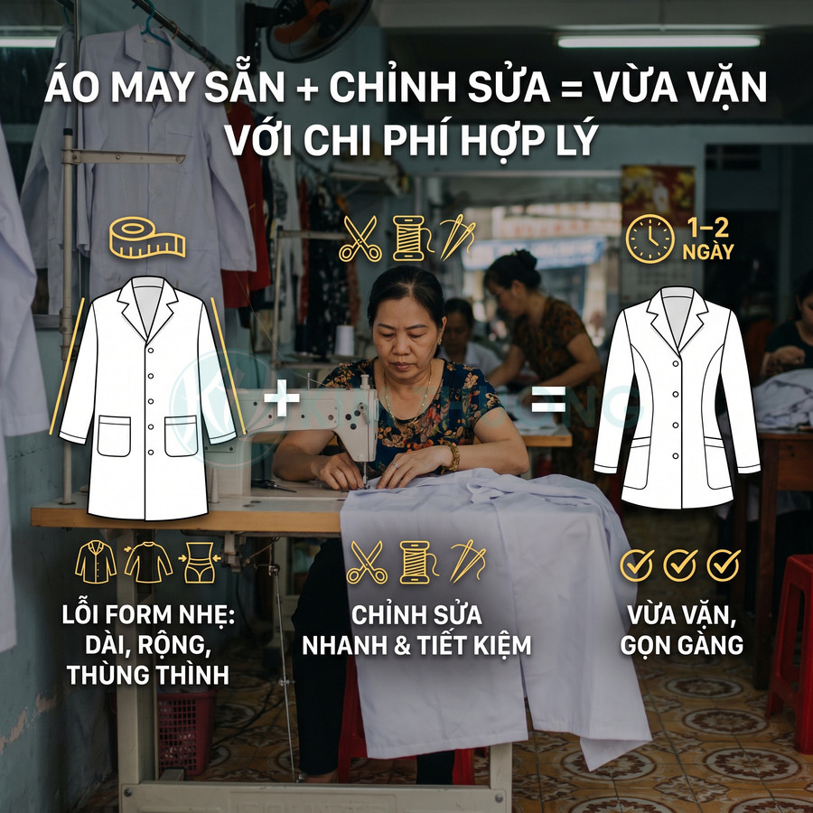Áo khoác trắng may sẵn được thợ may chỉnh sửa cho vừa vặn, gọn gàng với chi phí hợp lý