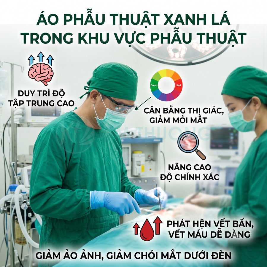 Bác sĩ phẫu thuật mặc áo phẫu thuật xanh lá và găng tay y tế đang thực hiện ca mổ trong phòng mổ hiện đại