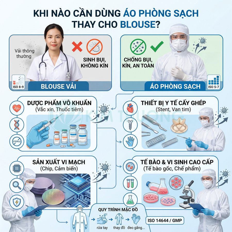 So sánh blouse vải và áo phòng sạch cho nhân viên y tế, ứng dụng trong dược phẩm, vi mạch, thiết bị cấy ghép, tế bào học