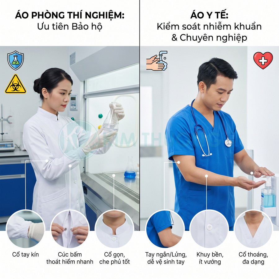 Áo blouse phòng thí nghiệm màu trắng và áo y tế màu xanh, minh họa đặc điểm thiết kế và khả năng bảo hộ, vệ sinh tay.