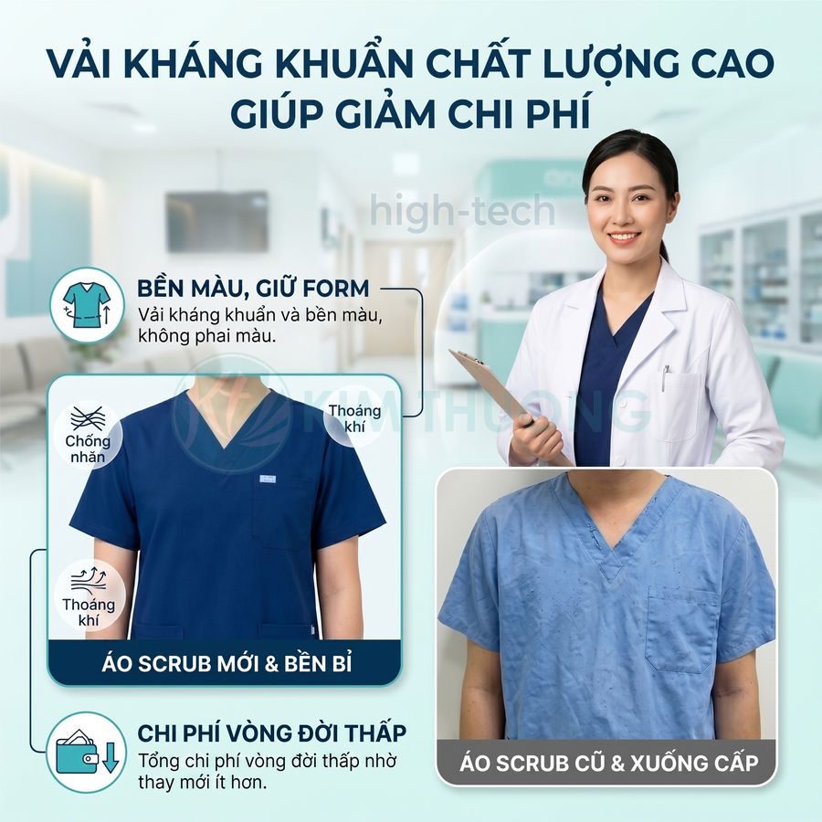 So sánh áo scrub y tế mới màu xanh đậm vải kháng khuẩn bền màu với áo scrub cũ bạc màu và nhăn