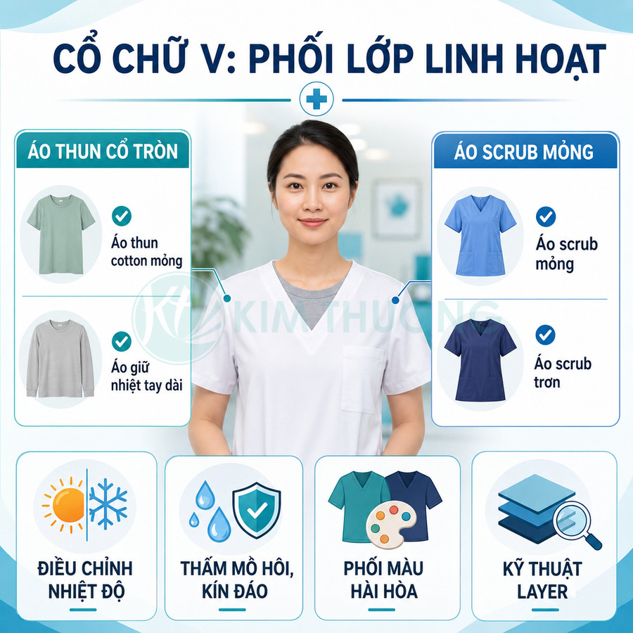 Đồng phục y tá cổ chữ V phối áo thun cotton và áo scrub mỏng, thấm mồ hôi kín đáo, phối màu hài hòa