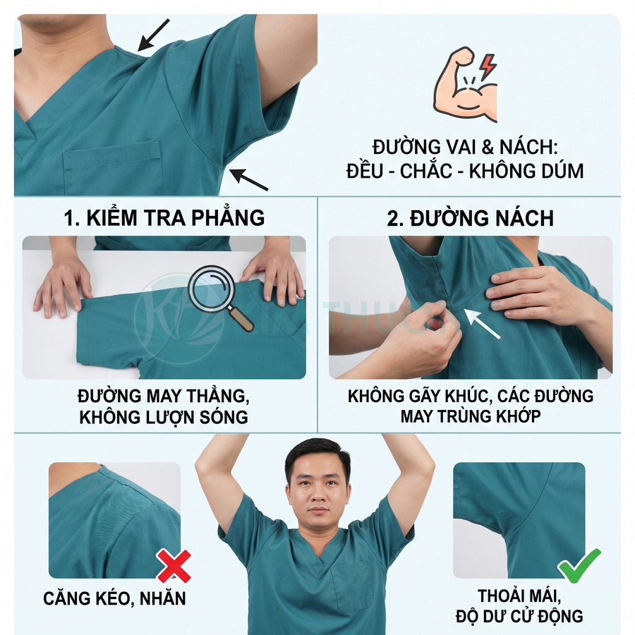 Áo blouse scrub màu xanh ngọc với đường may vai và nách phẳng, chắc, không nhăn, tạo cảm giác thoải mái khi cử động