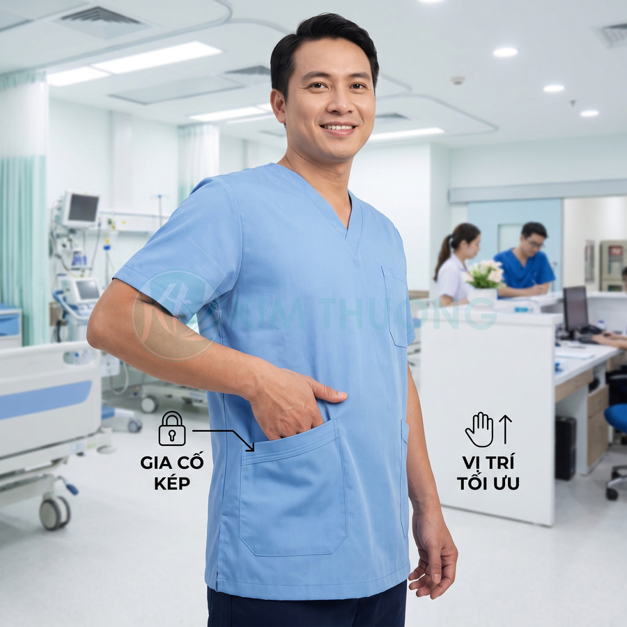 Áo scrub y tế màu xanh dương cổ V, tay ngắn, có túi trước gia cố kép