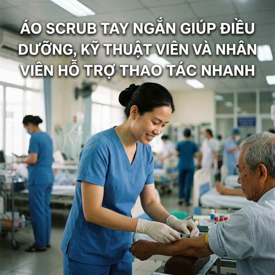 Điều dưỡng mặc áo scrub tay ngắn màu xanh dương lấy máu cho bệnh nhân trong phòng khám đông người