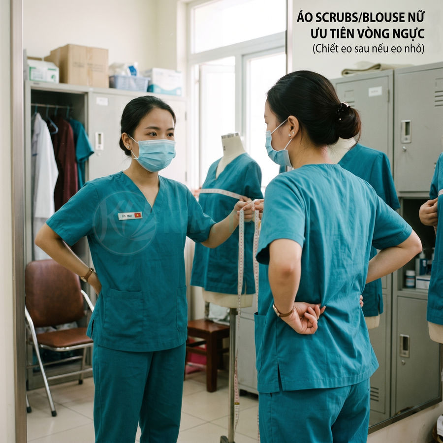 Áo scrubs nữ màu xanh cho nhân viên y tế, cổ tim, tay ngắn, có túi trước, đang được đo may trong phòng thử đồ