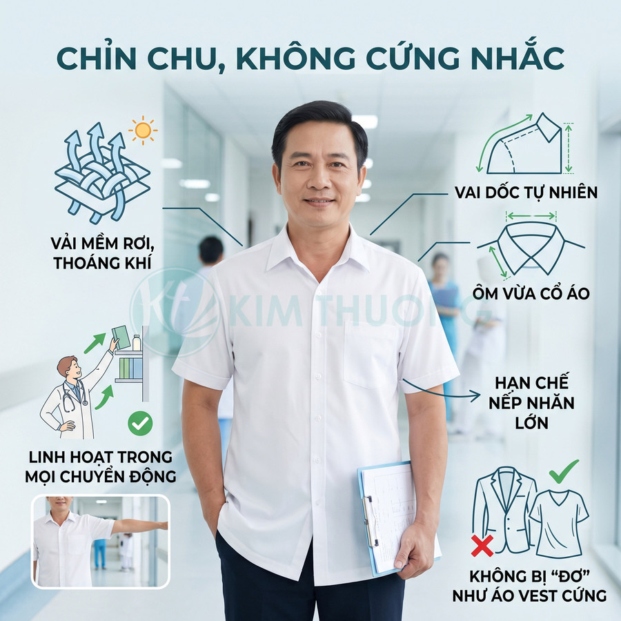 Áo blouse nam tay ngắn màu trắng vải mềm thoáng khí cho bác sĩ, thiết kế ôm vừa vai và cổ, hạn chế nhăn, dễ vận động