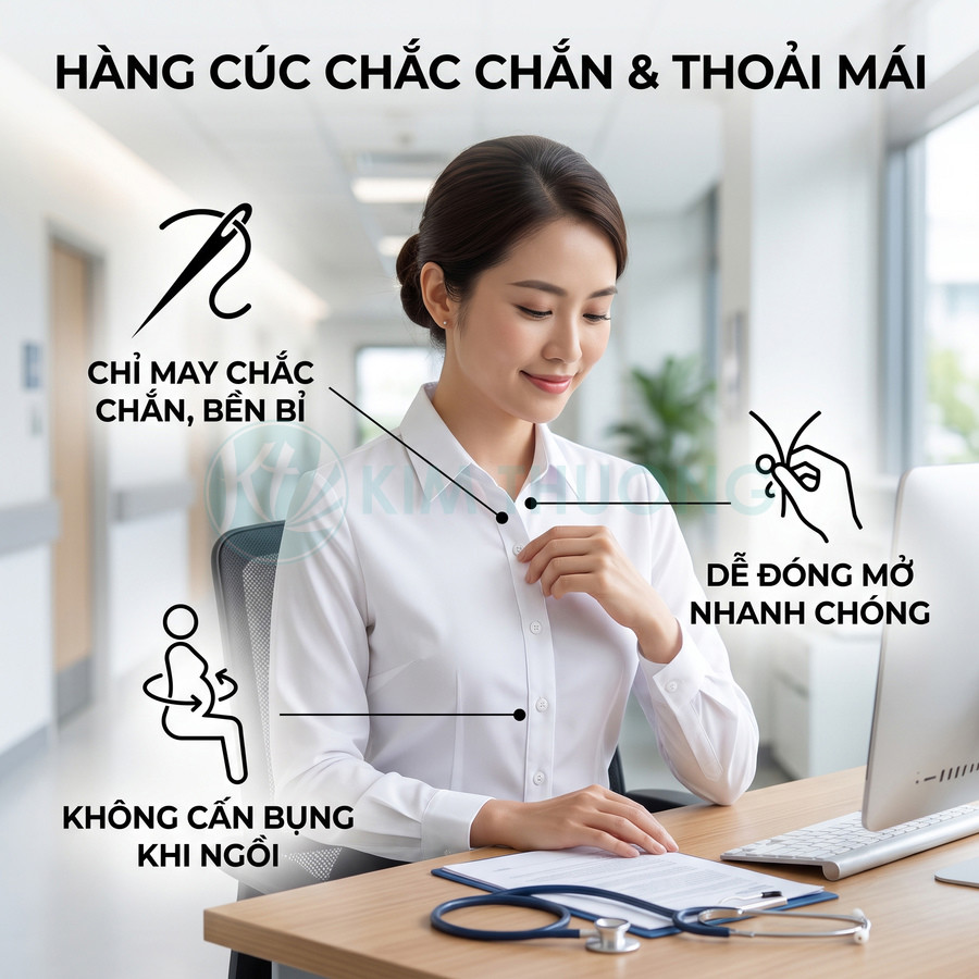 Áo blouse nữ màu trắng cho nhân viên y tế với hàng cúc chắc chắn, dễ cài và thoải mái khi ngồi làm việc