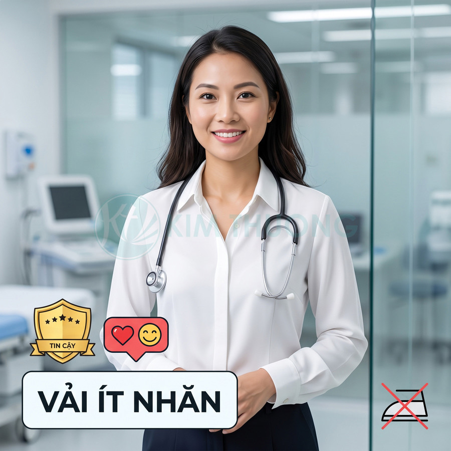 Áo sơ mi trắng vải ít nhăn cho bác sĩ nữ mặc trong phòng khám hiện đại