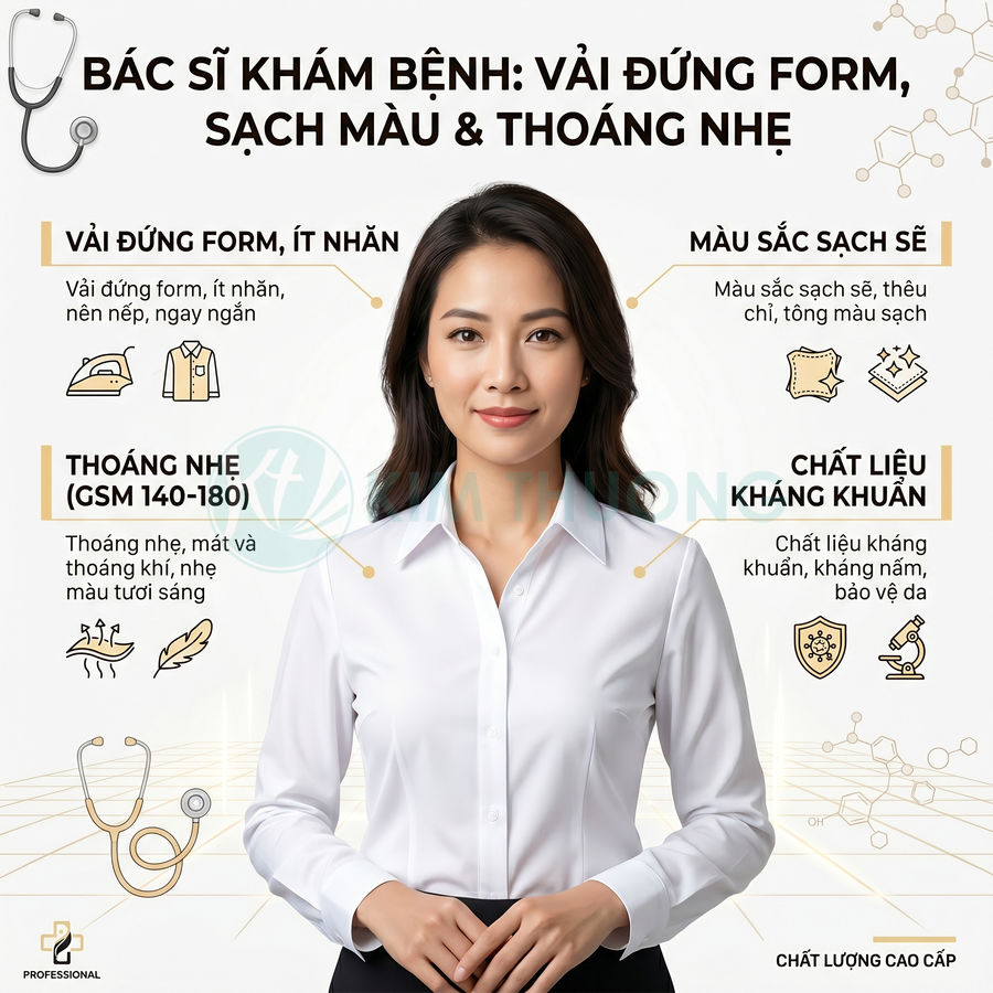 Áo sơ mi bác sĩ nữ màu trắng vải đứng form, ít nhăn, thoáng nhẹ và chất liệu kháng khuẩn sạch sẽ