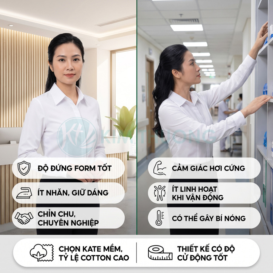 Áo sơ mi nữ công sở chất liệu kate, so sánh ưu nhược điểm độ đứng form và khả năng co giãn thoáng mát