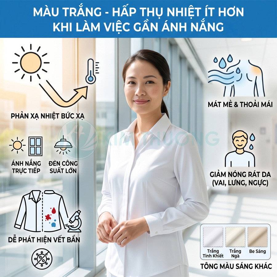 Nhân viên văn phòng mặc áo sơ mi trắng mát mẻ khi làm việc gần cửa kính có ánh nắng chiếu vào