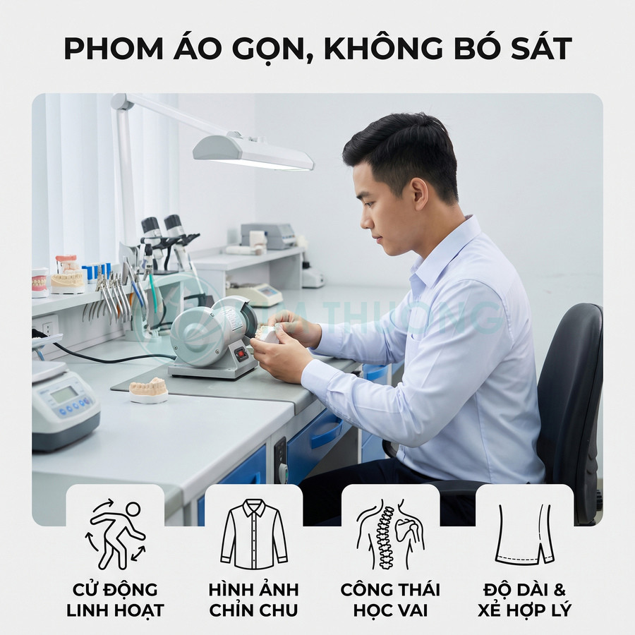 Nhân viên phòng thí nghiệm mặc áo sơ mi trắng phom gọn gàng ngồi làm việc tại bàn dụng cụ y tế