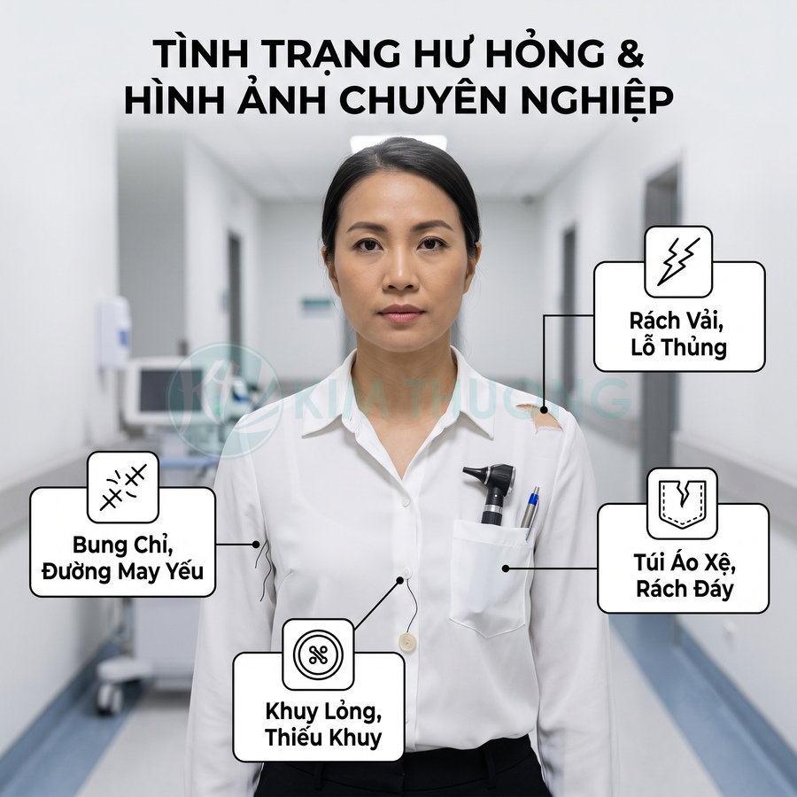Nhân viên y tế mặc áo sơ mi trắng bị rách vai, bung chỉ, khuy lỏng và túi áo sệ rách đáy