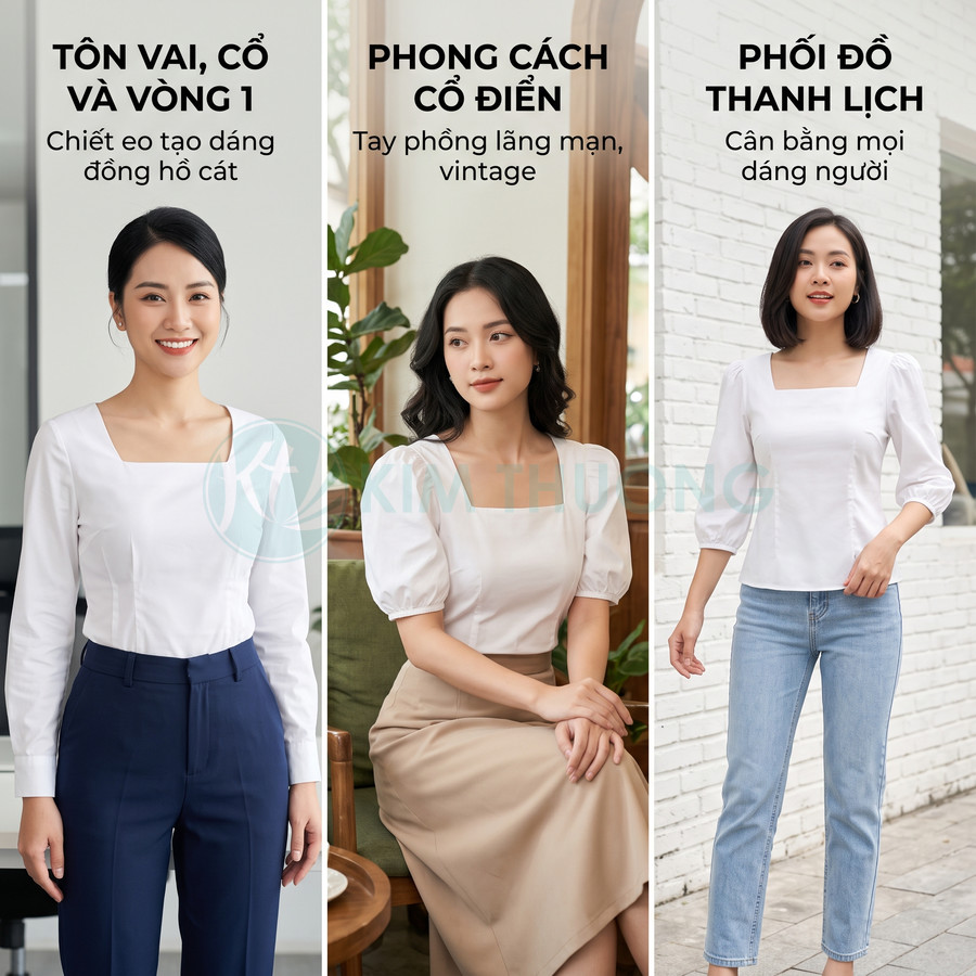 Áo kiểu nữ cổ vuông tay dài và tay phồng màu trắng, dễ phối đồ thanh lịch cho dân công sở