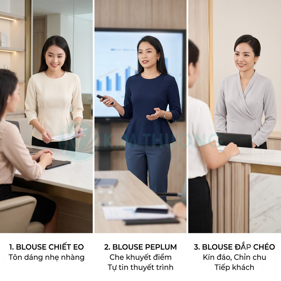 Nhân viên văn phòng nữ mặc các mẫu áo blouse công sở chiết eo, peplum và đắp chéo khi làm việc và tiếp khách