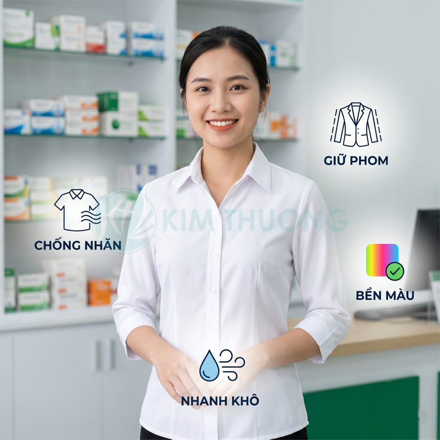 Áo sơ mi trắng nữ công sở Kim Thương chống nhăn, giữ phom, nhanh khô, bền màu trong nhà thuốc