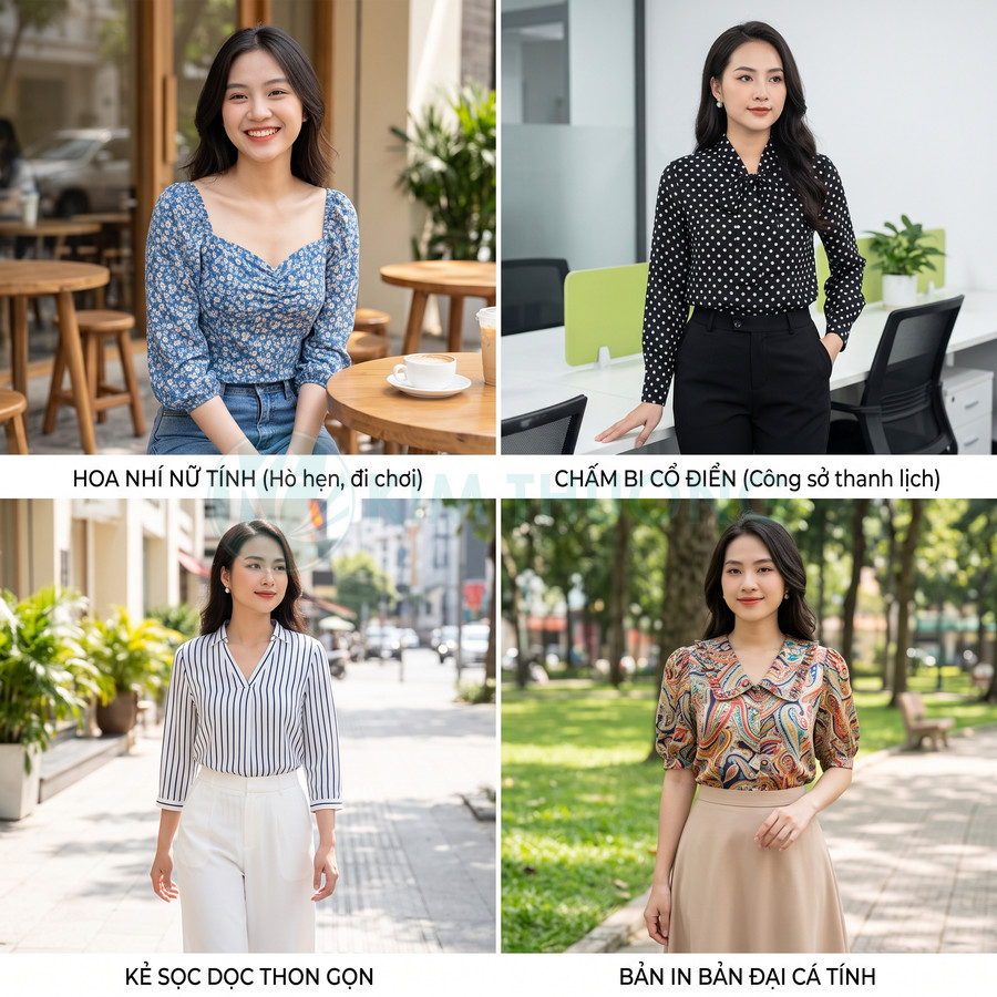 Các mẫu áo kiểu nữ tay lửng họa tiết hoa nhí, chấm bi, kẻ sọc và bản in phối cùng quần váy thanh lịch