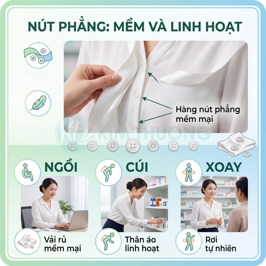 Áo sơ mi trắng nữ với hàng nút phẳng mềm mại, vải rũ linh hoạt khi ngồi cúi xoay trong môi trường làm việc