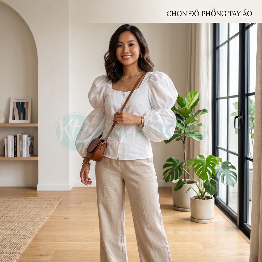 Áo blouse trắng tay phồng phối quần ống rộng màu be và túi đeo chéo nâu trong không gian phòng khách sáng