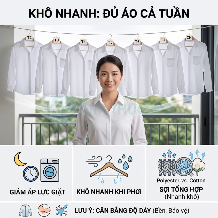 Áo sơ mi trắng chất liệu sợi tổng hợp nhanh khô, người phụ nữ mặc áo đứng trước dãy áo phơi đủ dùng cả tuần