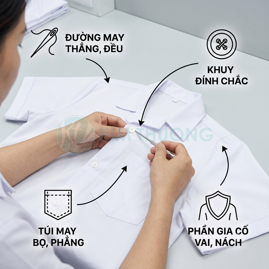 Nhân viên kiểm tra đường may và khuy áo sơ mi trắng đồng phục học sinh trên bàn làm việc