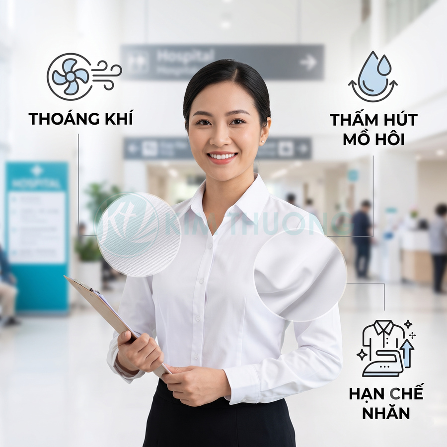 Áo sơ mi trắng nữ công sở thoáng khí thấm hút mồ hôi hạn chế nhăn phù hợp nhân viên y tế văn phòng