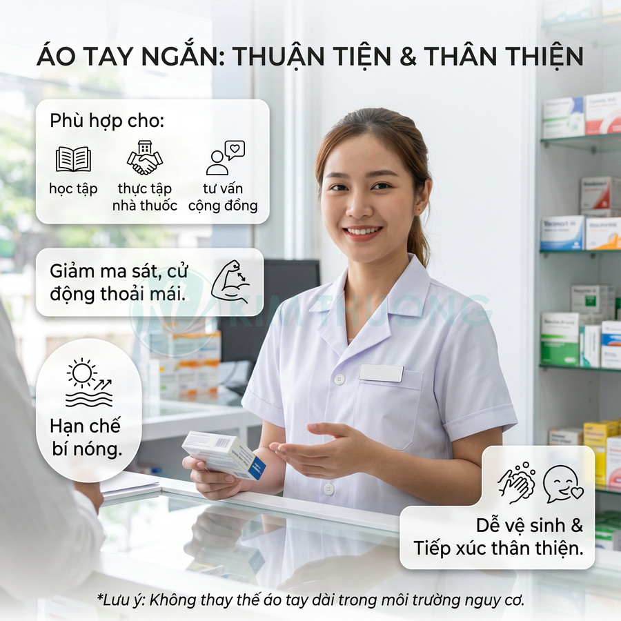 Dược sĩ mặc áo blouse tay ngắn màu trắng tư vấn thuốc cho khách tại nhà thuốc hiện đại