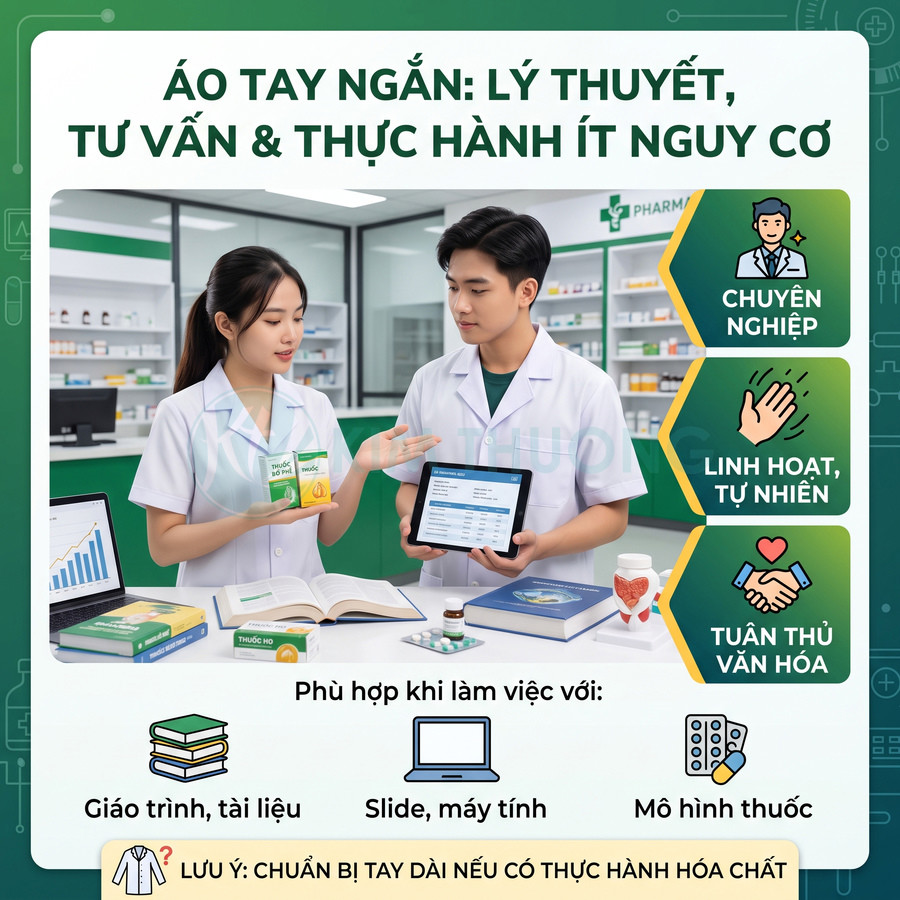 Dược sĩ mặc áo blouse tay ngắn tư vấn thuốc trong nhà thuốc, sử dụng máy tính bảng và tài liệu học tập