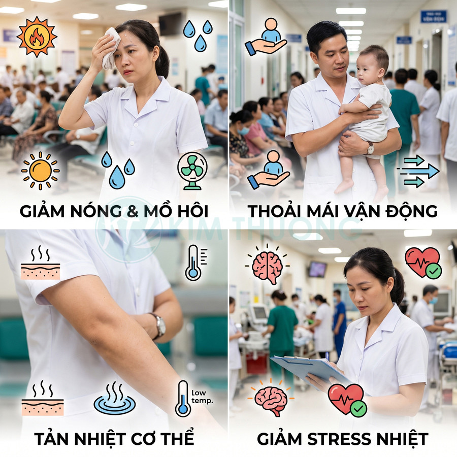 Nhân viên y tế mặc đồng phục trắng sử dụng sản phẩm hỗ trợ giảm nóng, tản nhiệt cơ thể và giảm stress nhiệt trong bệnh viện