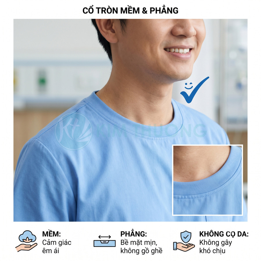 Áo thun nam cổ tròn màu xanh nhạt chất liệu mềm mịn, cổ áo phẳng ôm vừa vặn không gây cọ da