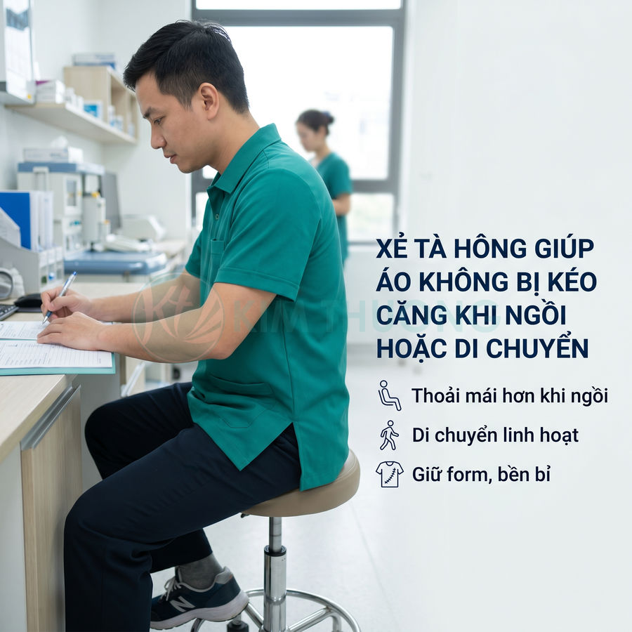 Nhân viên văn phòng mặc áo polo xanh xẻ tà hông ngồi làm việc, minh họa áo thoải mái khi ngồi và di chuyển