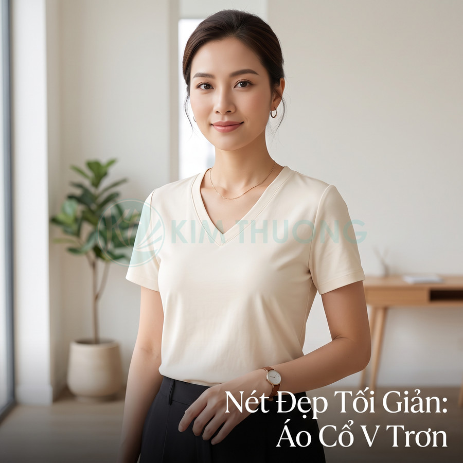 Áo thun nữ cổ V trơn màu kem phong cách tối giản Kim Thương